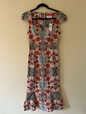 Anthropologie Orange and Green Floral Cap-Sleeve Midi Dress